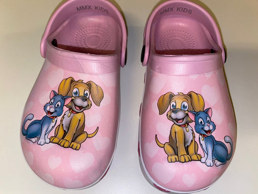 Træsko i plast - Hund & kat i lyserød