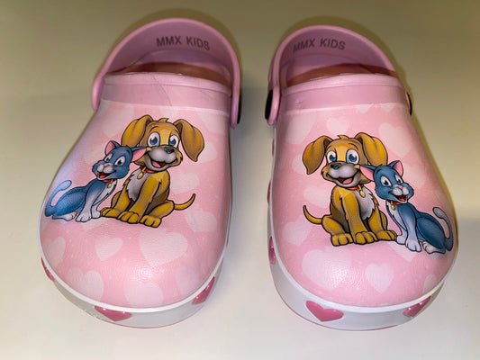 Træsko i plast - Hund & kat i lyserød