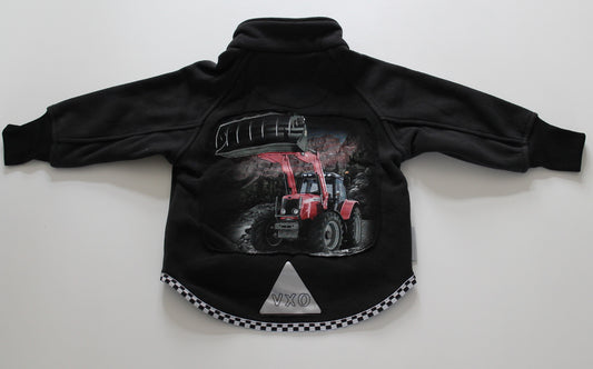 Fleecetrøje sort med rød traktor